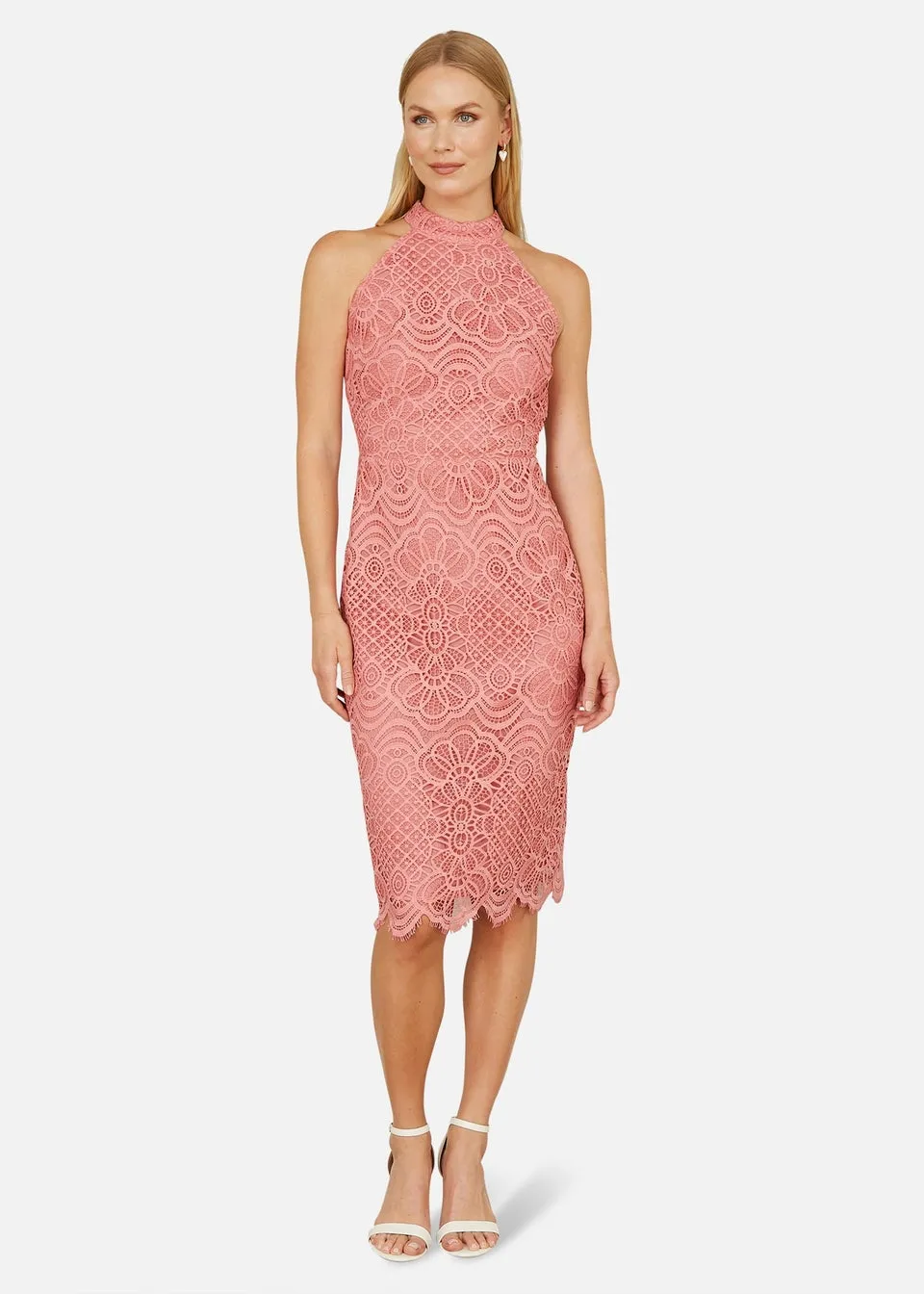 Yumi Pink Lace Halter Neck Dress