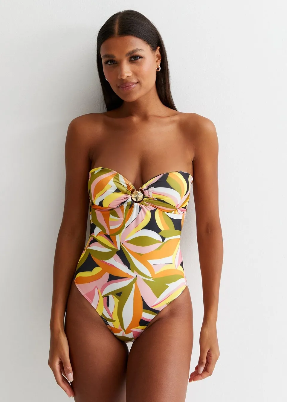 Gini London Yellow Tropical Palm Swimsuit With Gold Shell Hardware