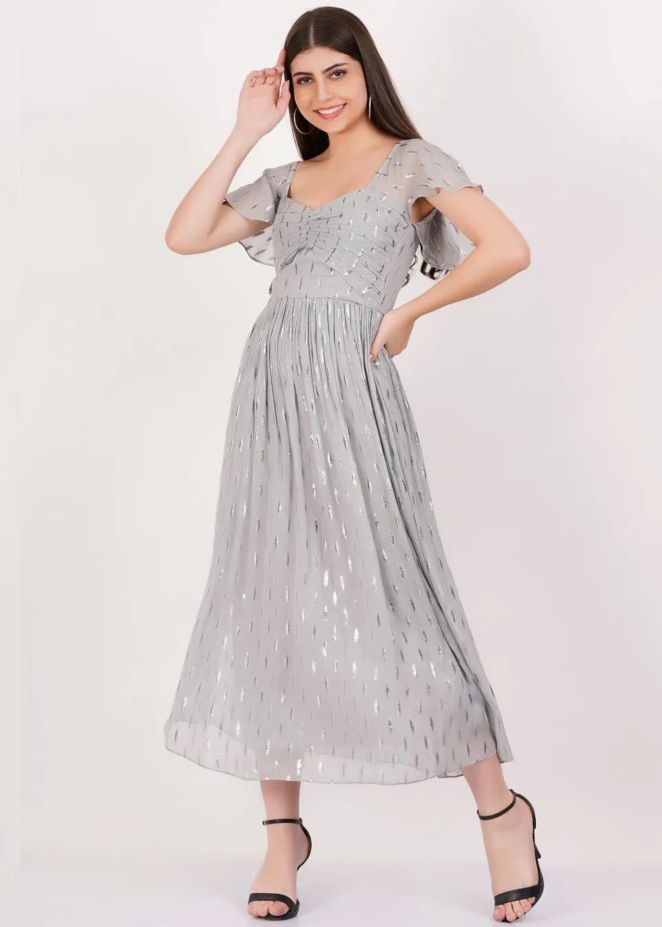 Gini London Silver Jacquard Metallic Angel Sleeves Midi Dress