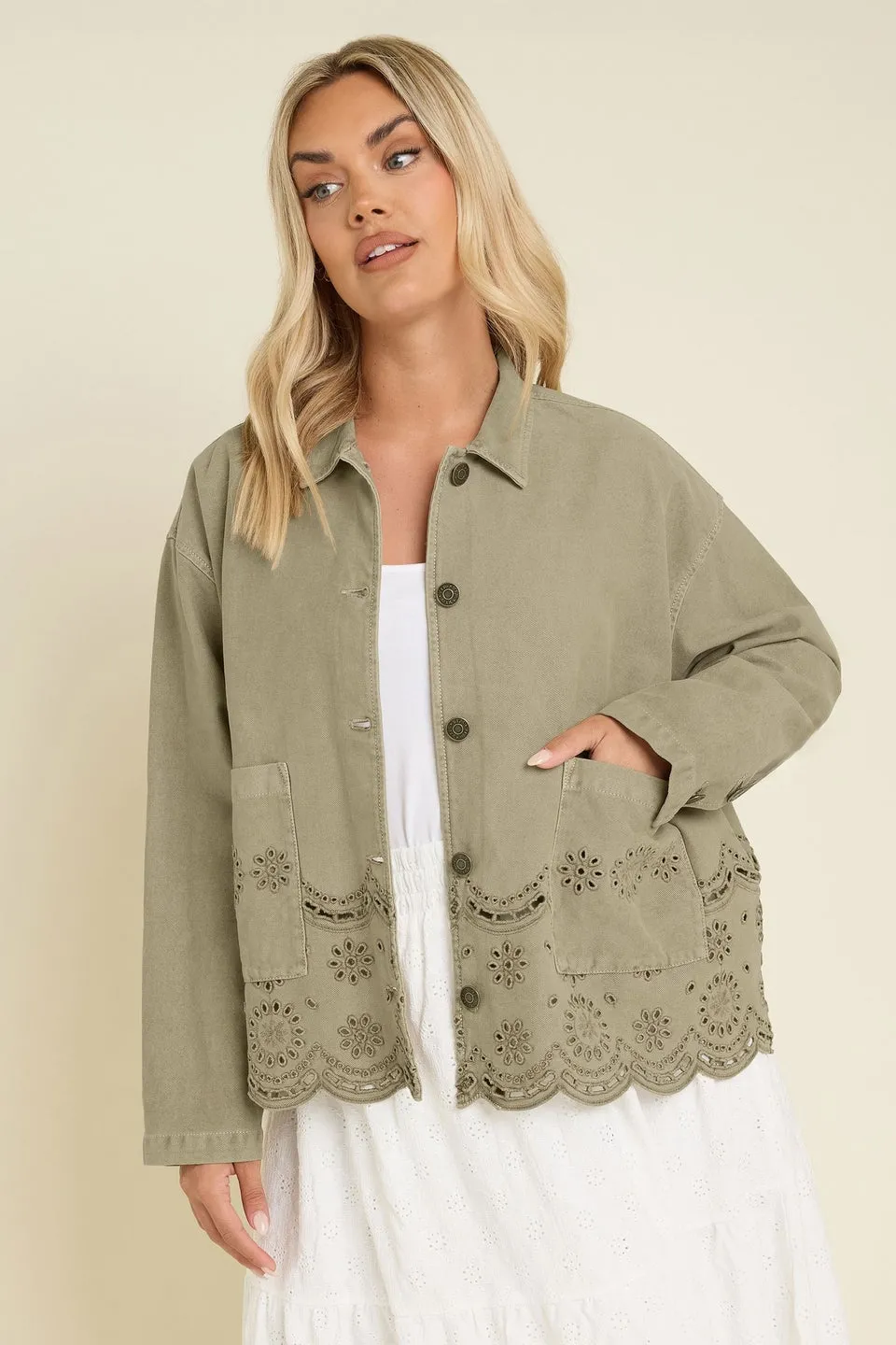 YOURS Curve Khaki Green Broderie Anglaise Twill Shacket