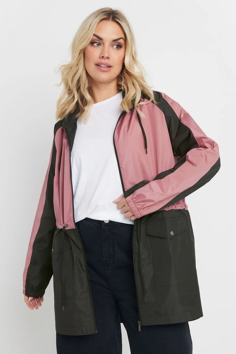 Yours Curve Pink & Black Colourblock Lightweight Parka Jacket