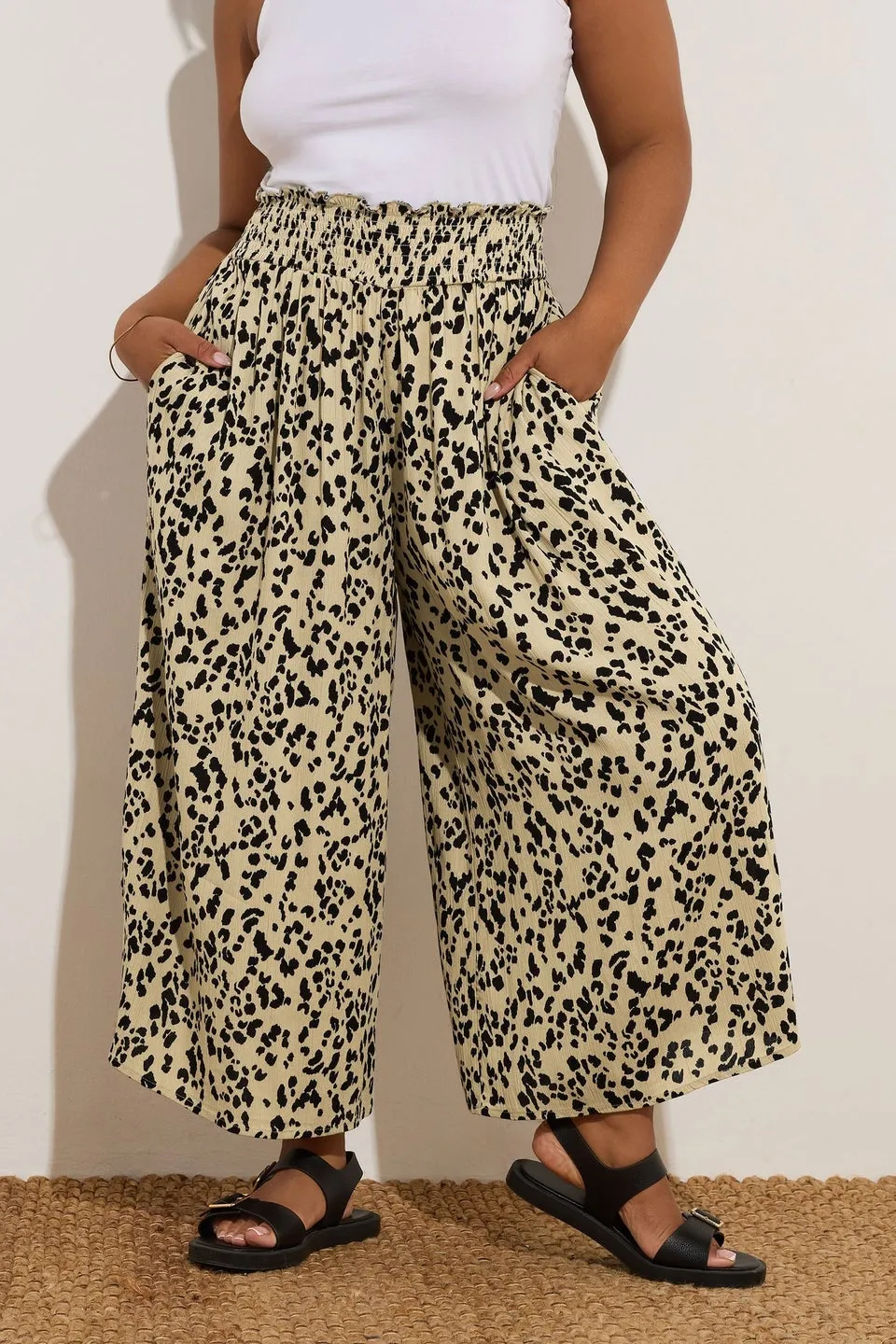 Yours Curve Natural Brown Leopard Print Shirred Midaxi Culottes