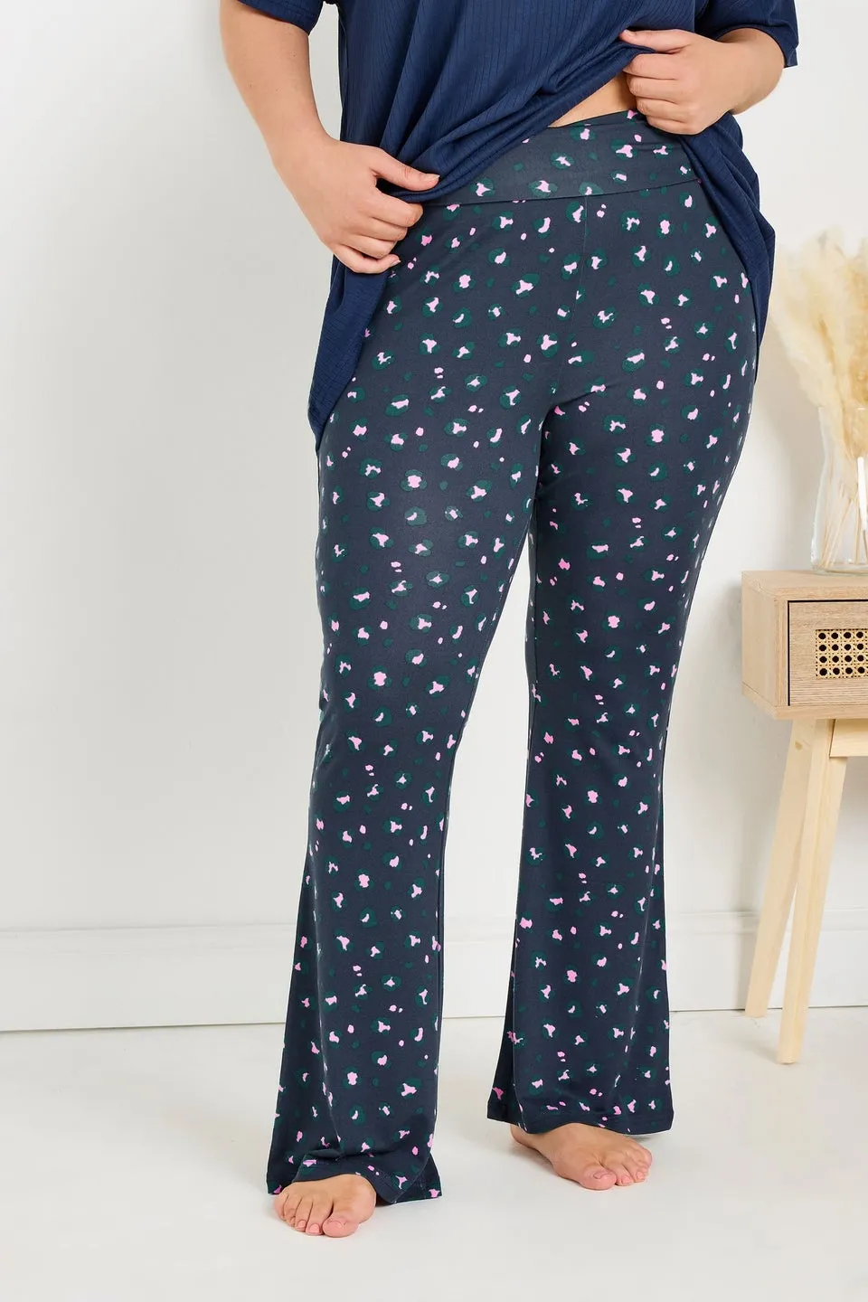 Yours Curve Navy Blue Leopard Print Flare Pyjama Bottoms