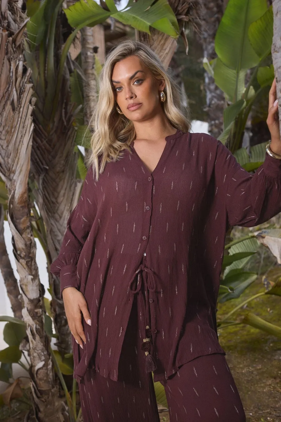 Yours Curve Brown Metallic Beach Shirt