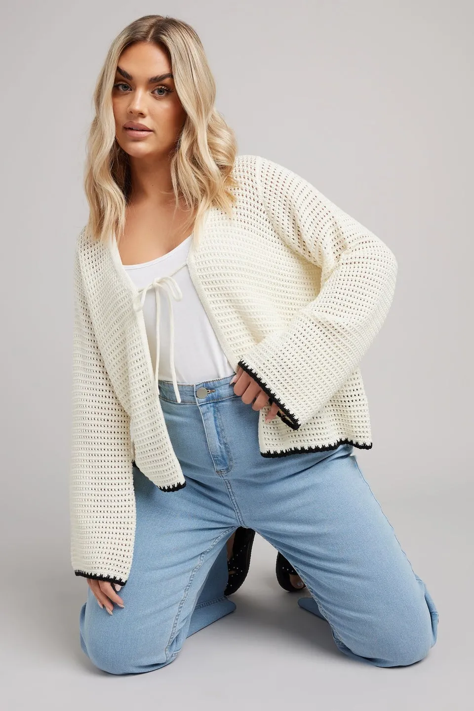 Yours Curve White Crochet Tie Front Cardigan