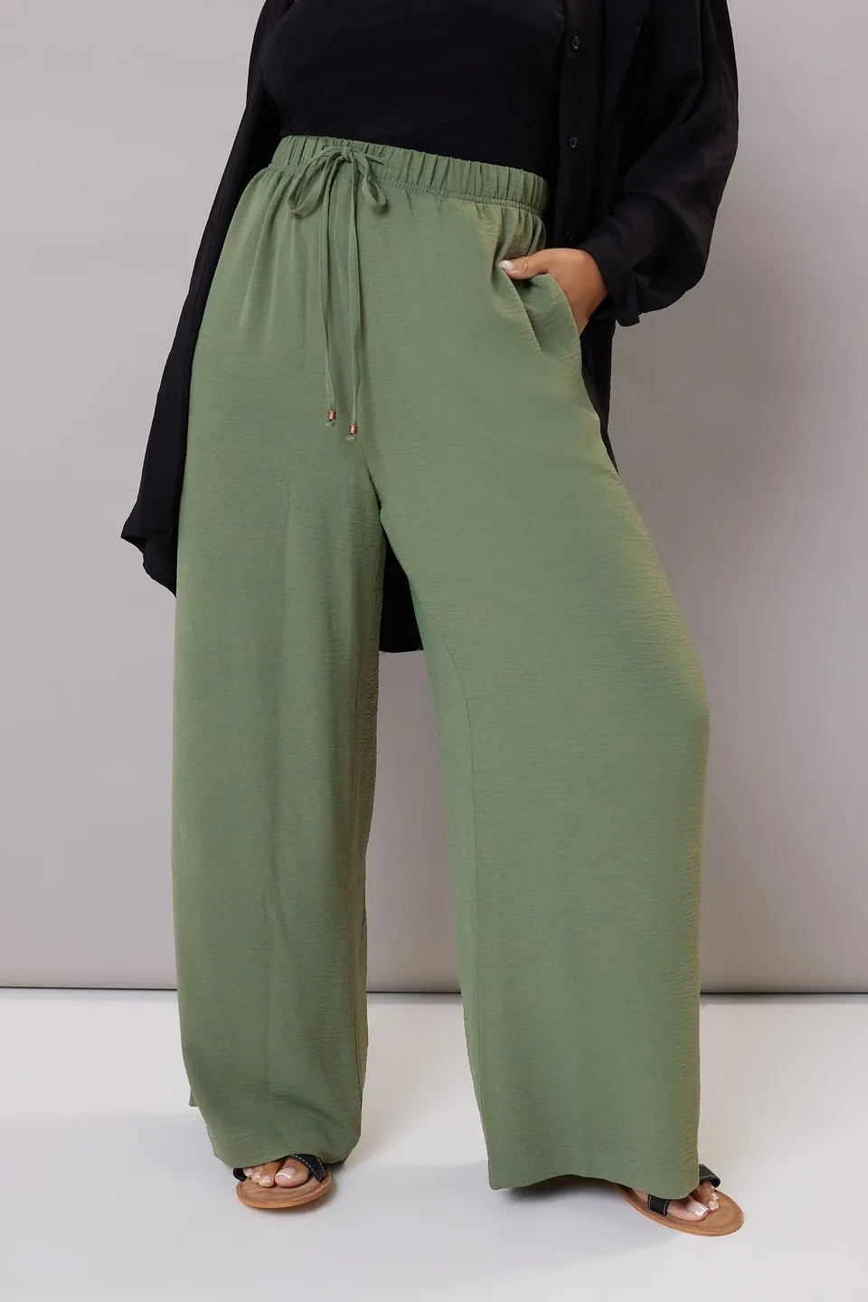 Yours Curve Khaki Green Twill Wide Leg Trousers