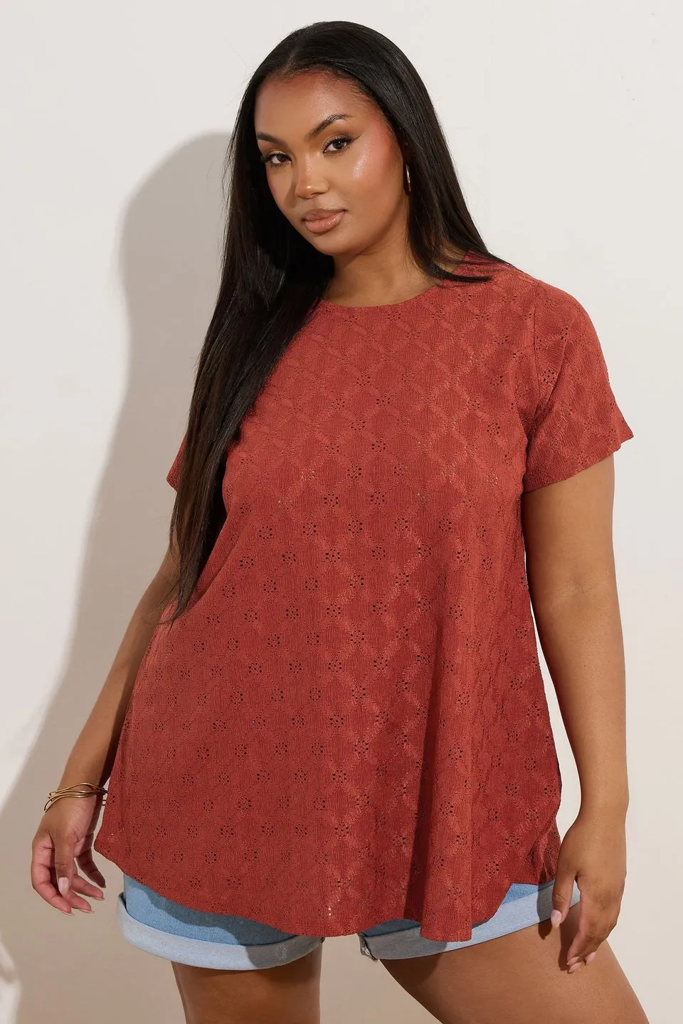 Yours Curve Orange Broderie Anglaise Textured Swing Top