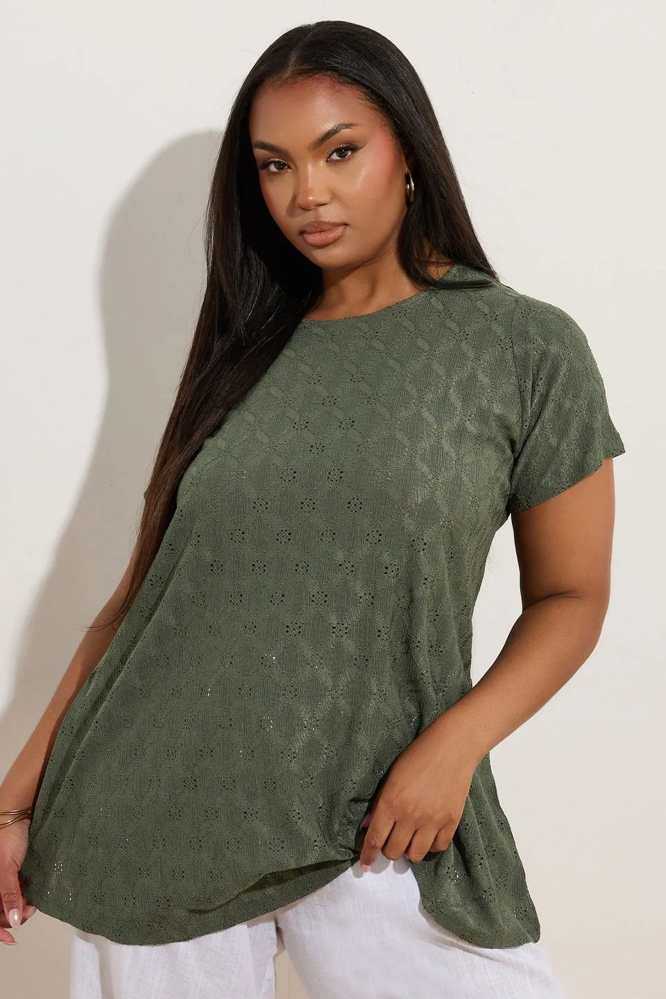 Yours Curve Khaki Green Broderie Anglaise Textured Swing Top