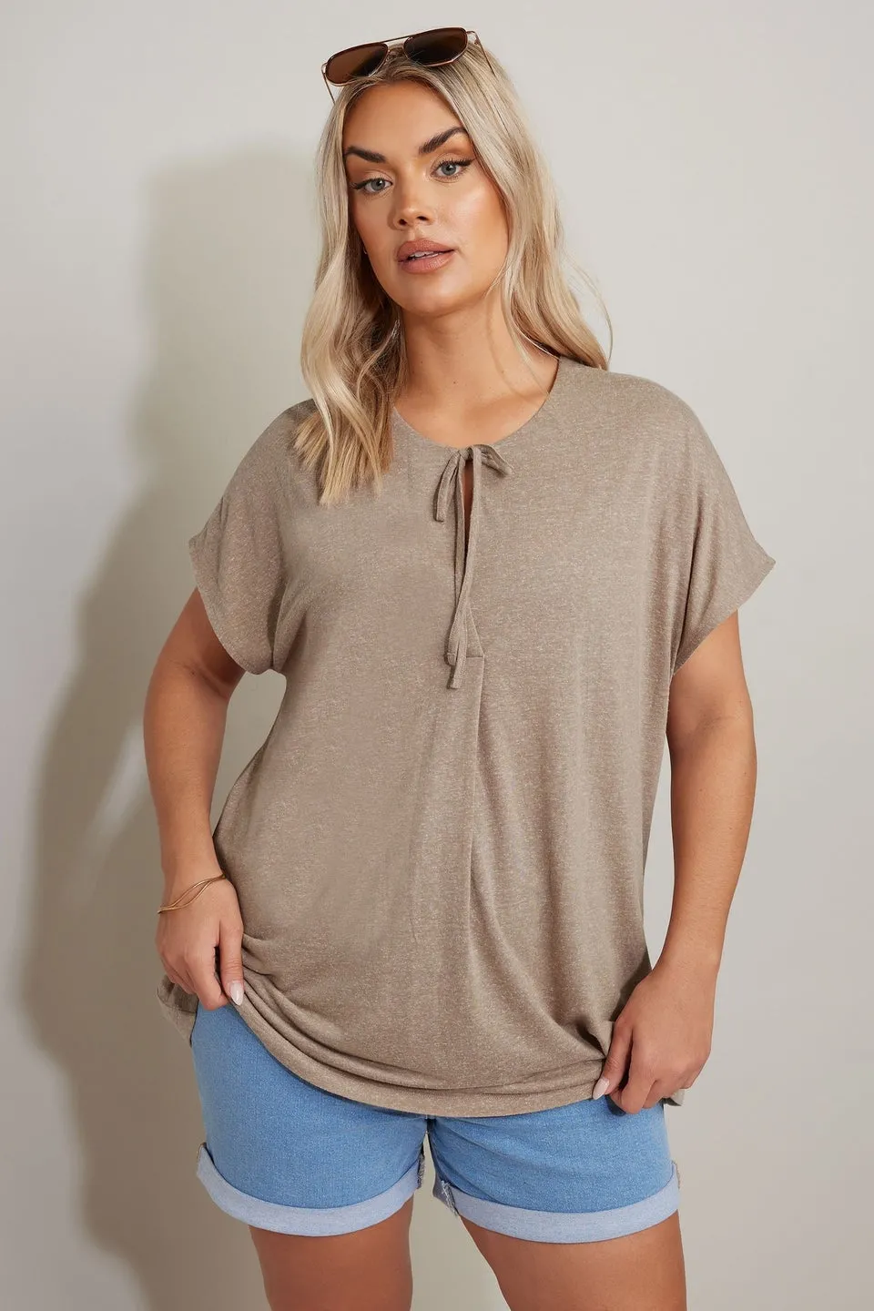Yours Curve Natural Brown Linen Marl Tie Front Top