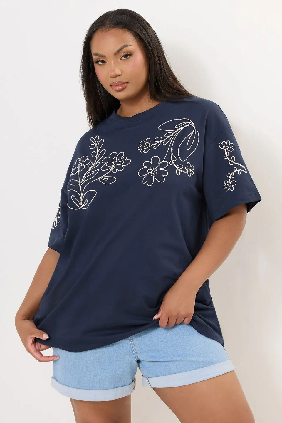 Yours Curve Navy Blue Floral Embroidered Oversized T-Shirt