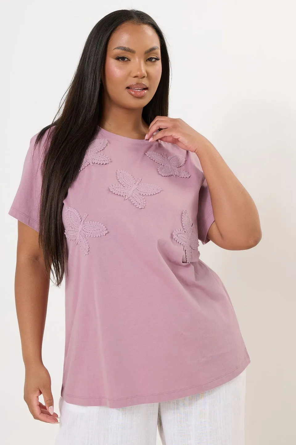 Yours Curve Pink Applique Butterfly T-Shirt
