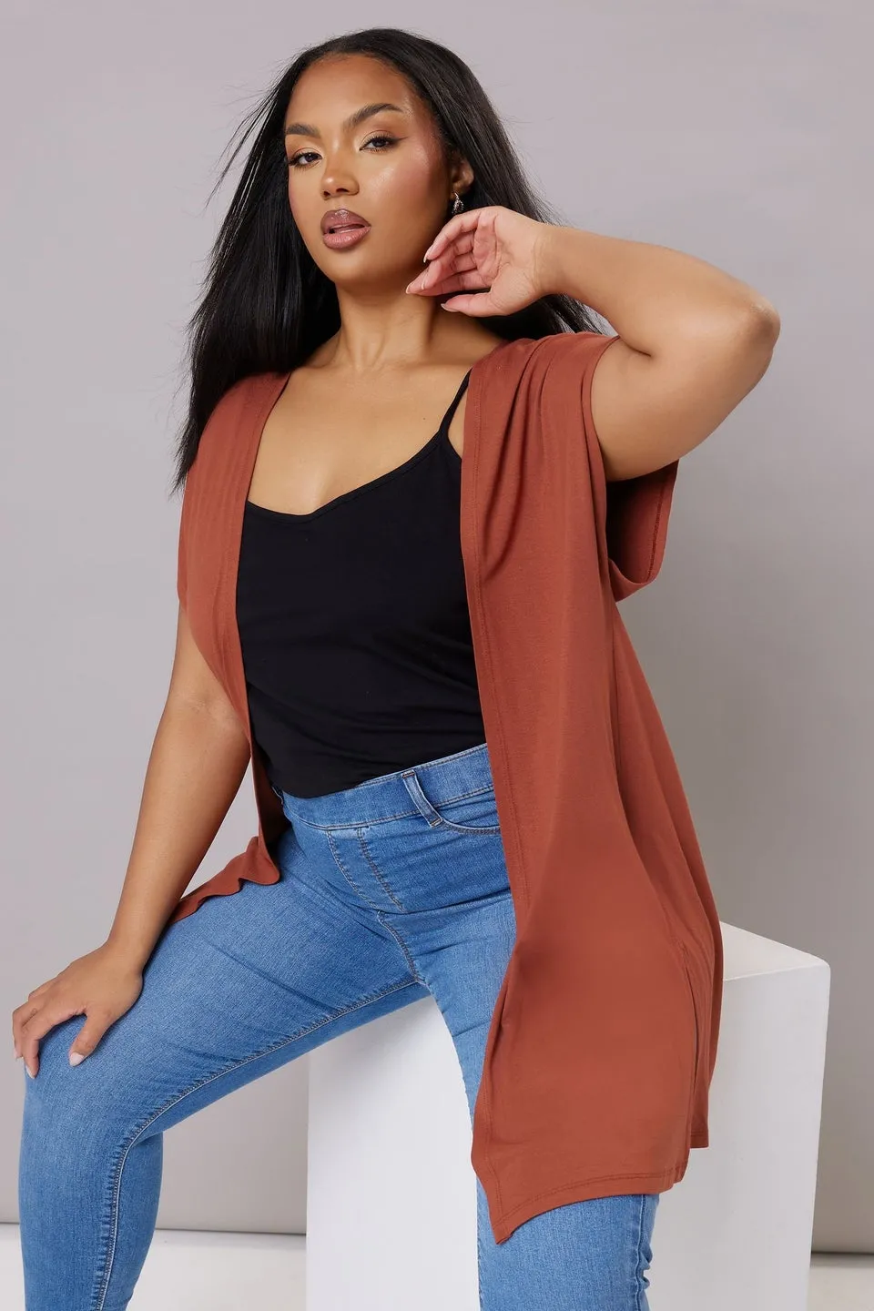 Yours Curve Rust Orange Grown On Sleeve Jersey Cardigan