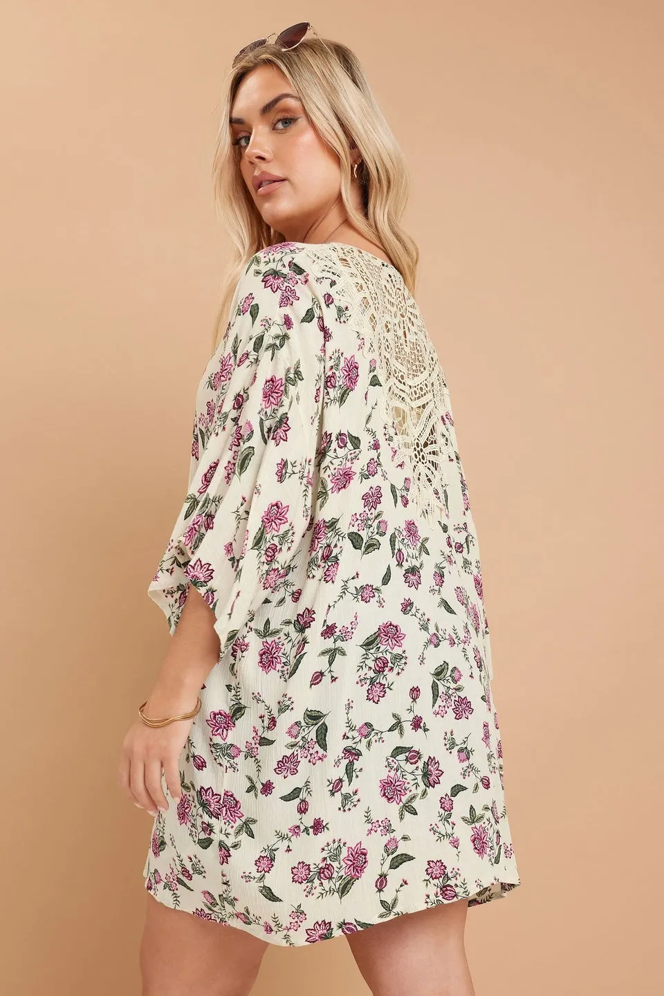 Yours Curve Natural Brown Floral Crochet Detail Kimono