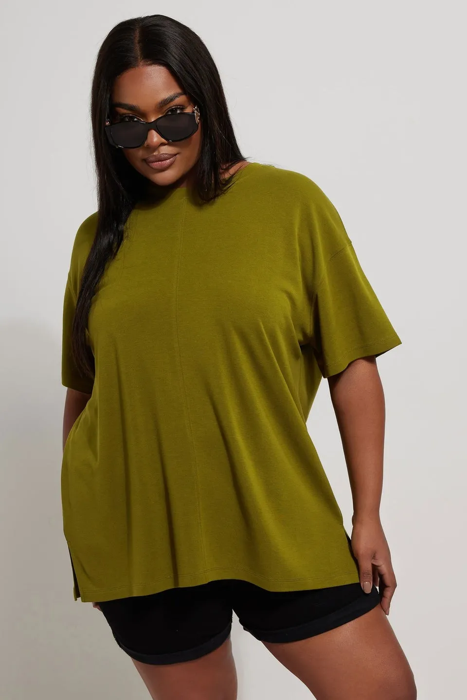 Yours Curve Olive Green Heavyweight Oversized T-Shirt