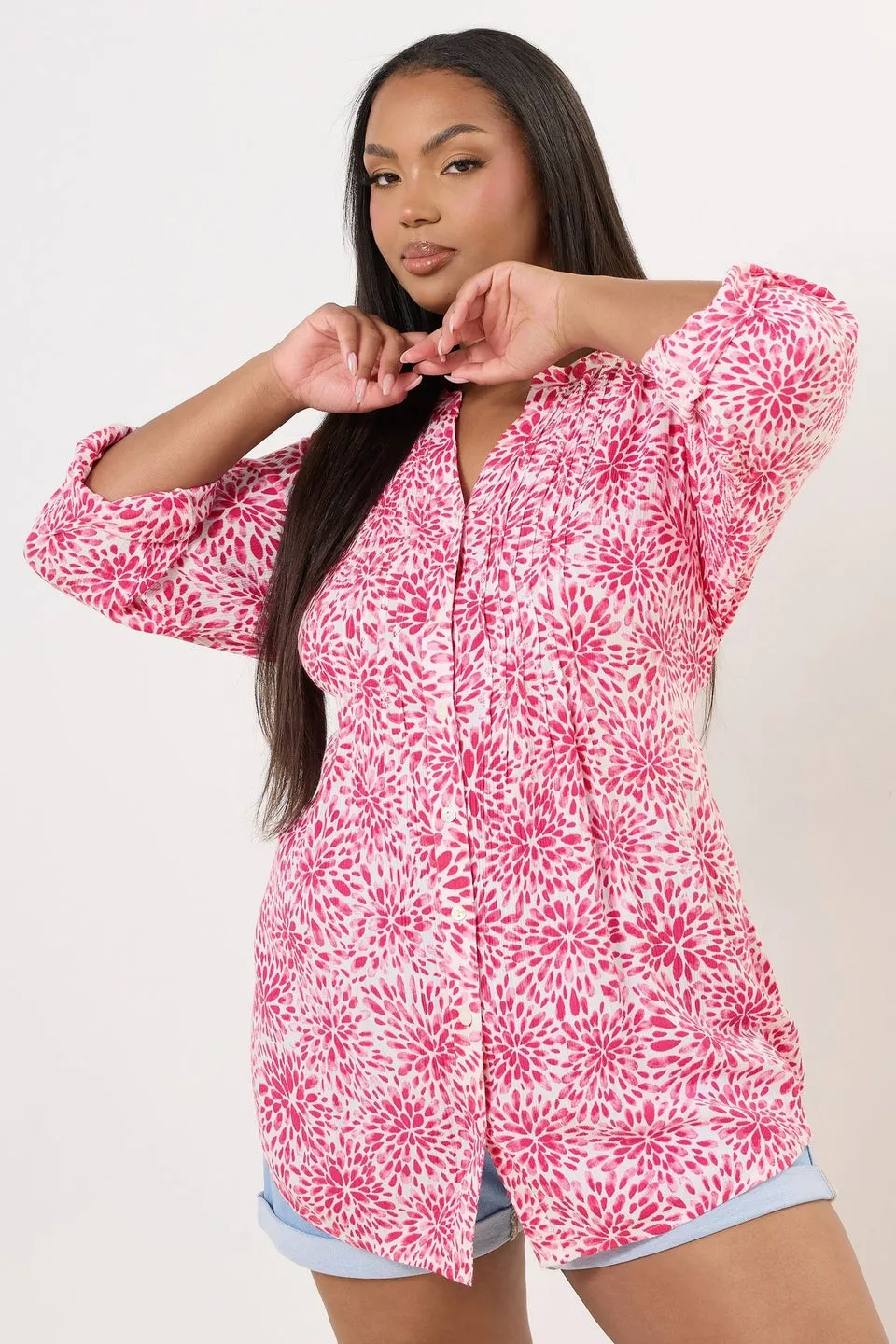 YOURS Curve Pink Floral Print Pintuck Blouse
