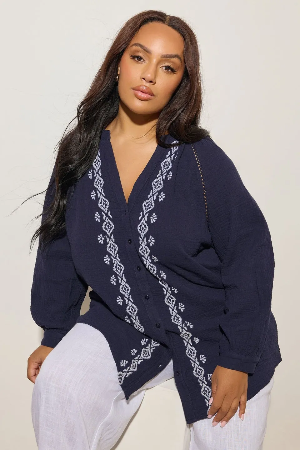YOURS Curve Navy Blue Embroidered Cheesecloth Shirt