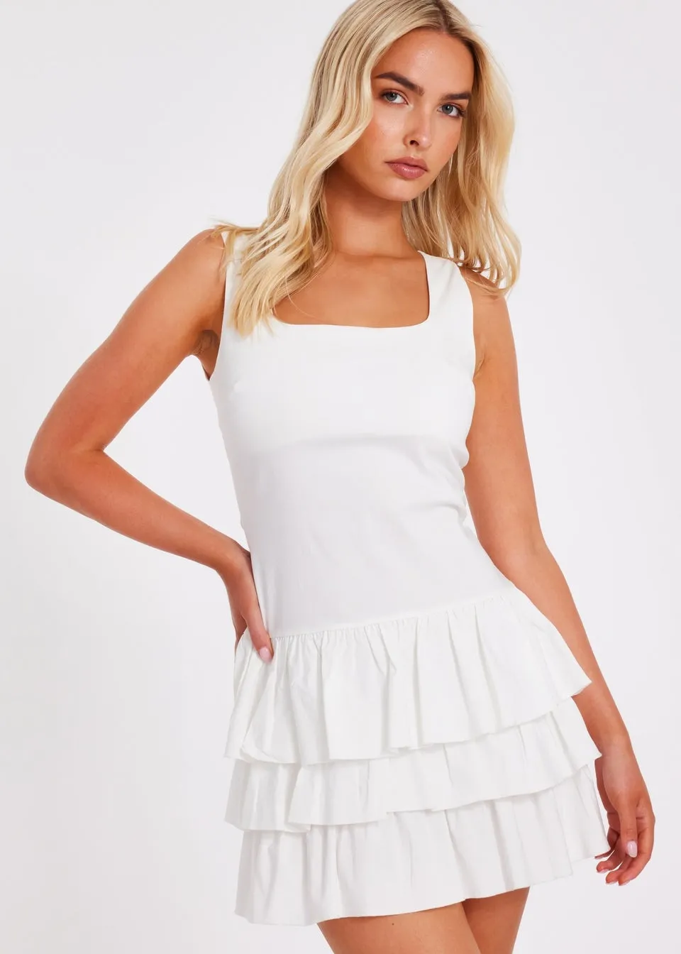 Quiz Cream Tiered Mini Dress