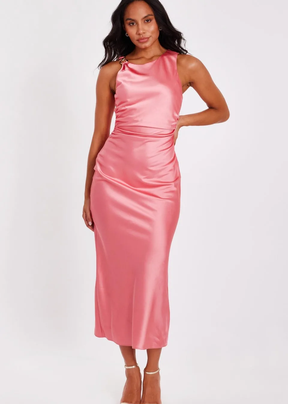 Quiz Orange Satin Ruched Midaxi Dress