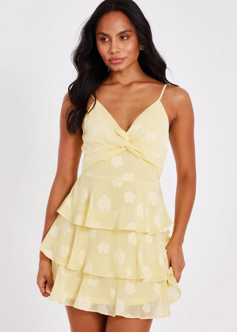 Quiz Yellow Floral Tiered Skater Dress