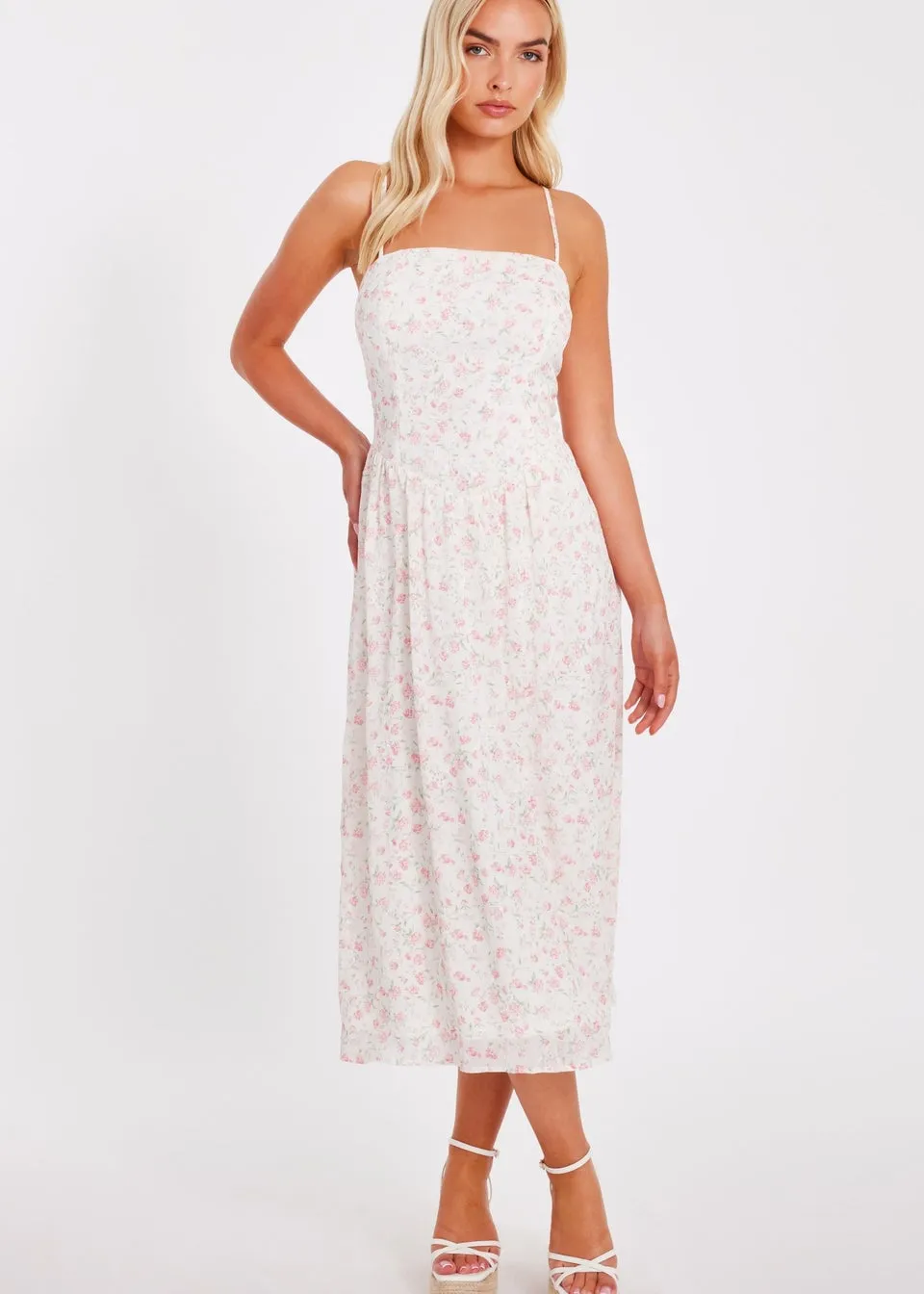 Quiz White Chiffon Floral Midi Dress