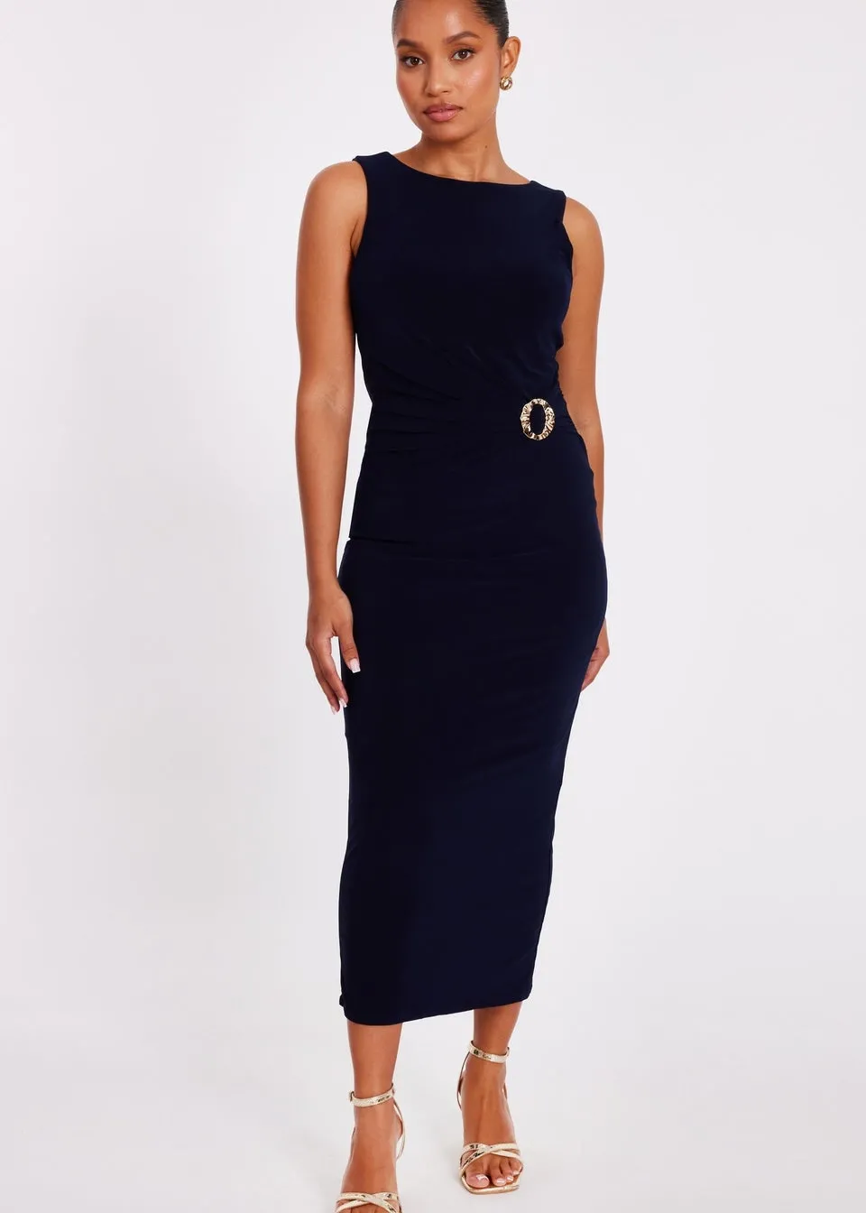 Quiz Navy Petite Buckle Detail Midi Dress