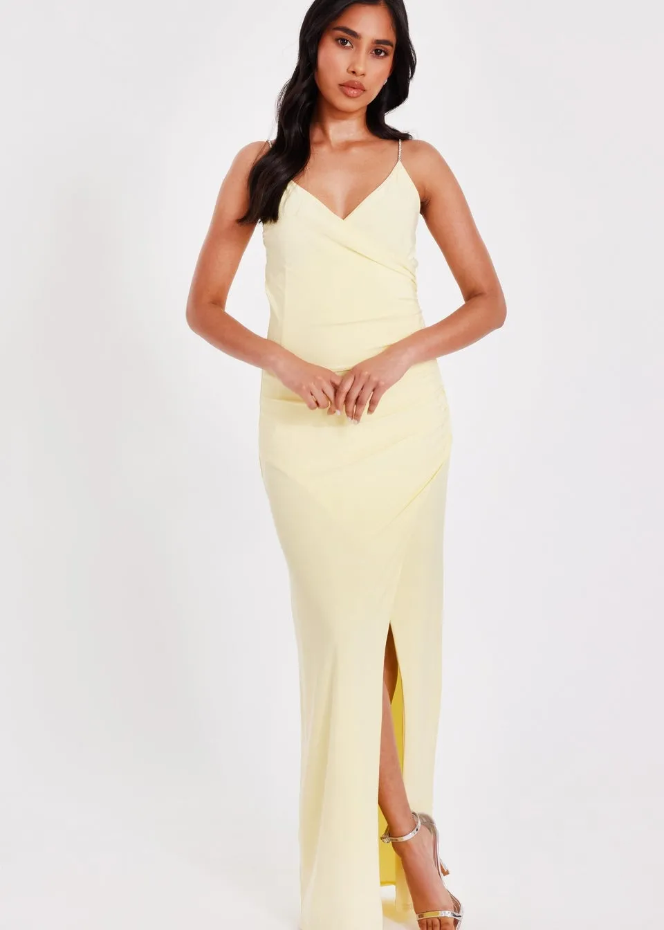Quiz Yellow Petite Diamante Strap Maxi Dress