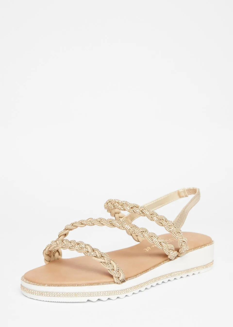 Quiz Gold Wide Fit Diamante Flat Sandals
