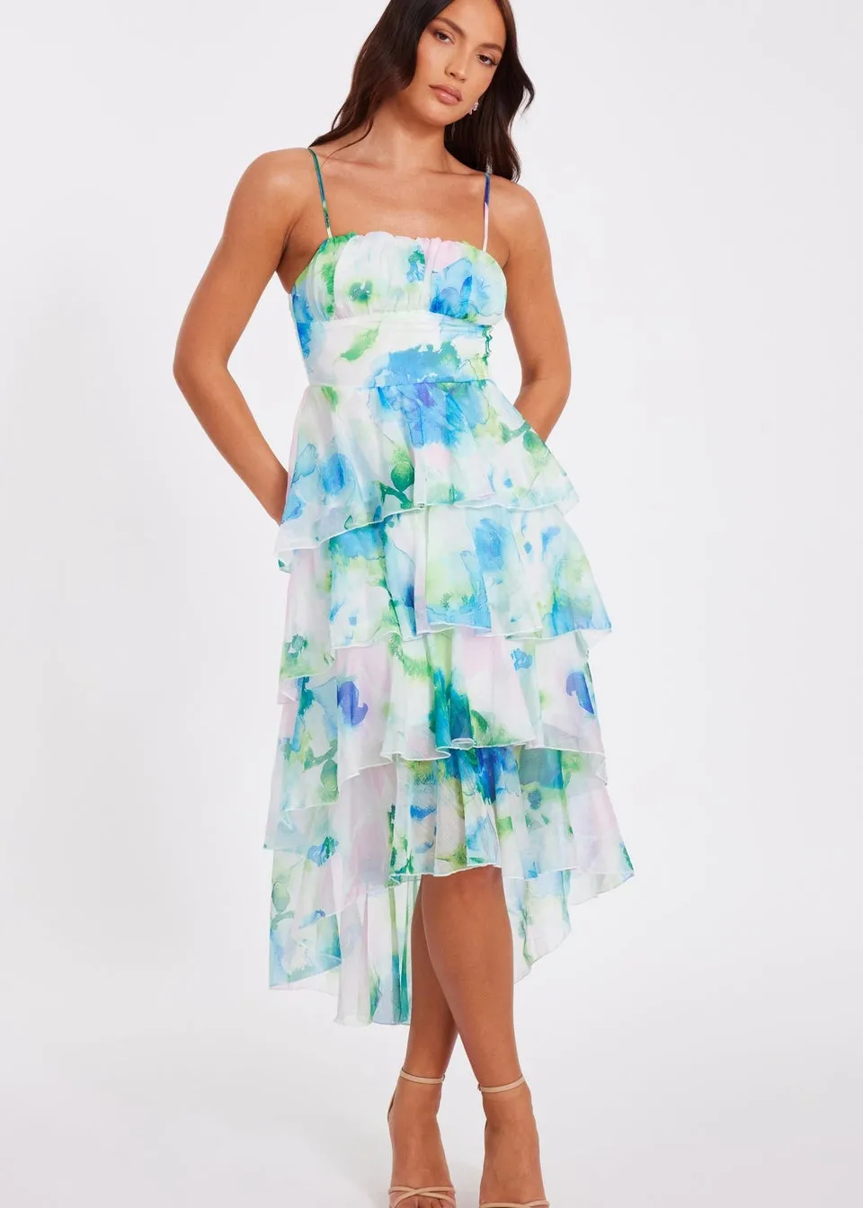 Quiz Blue Floral Tiered Midi Dress