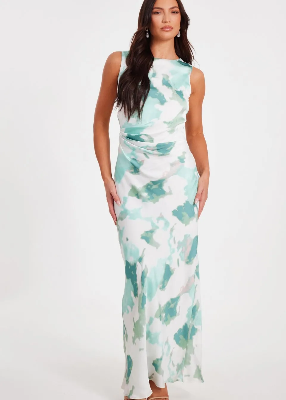 Quiz Green Satin Marble Midaxi Dress