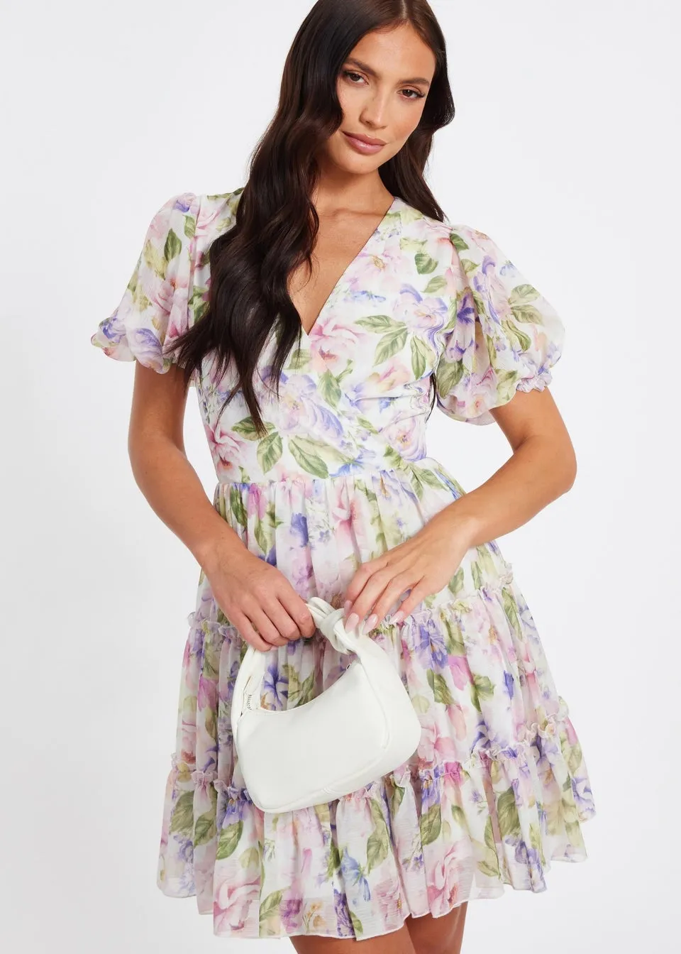 Quiz Multi Floral Chiffon Frill Mini Dress
