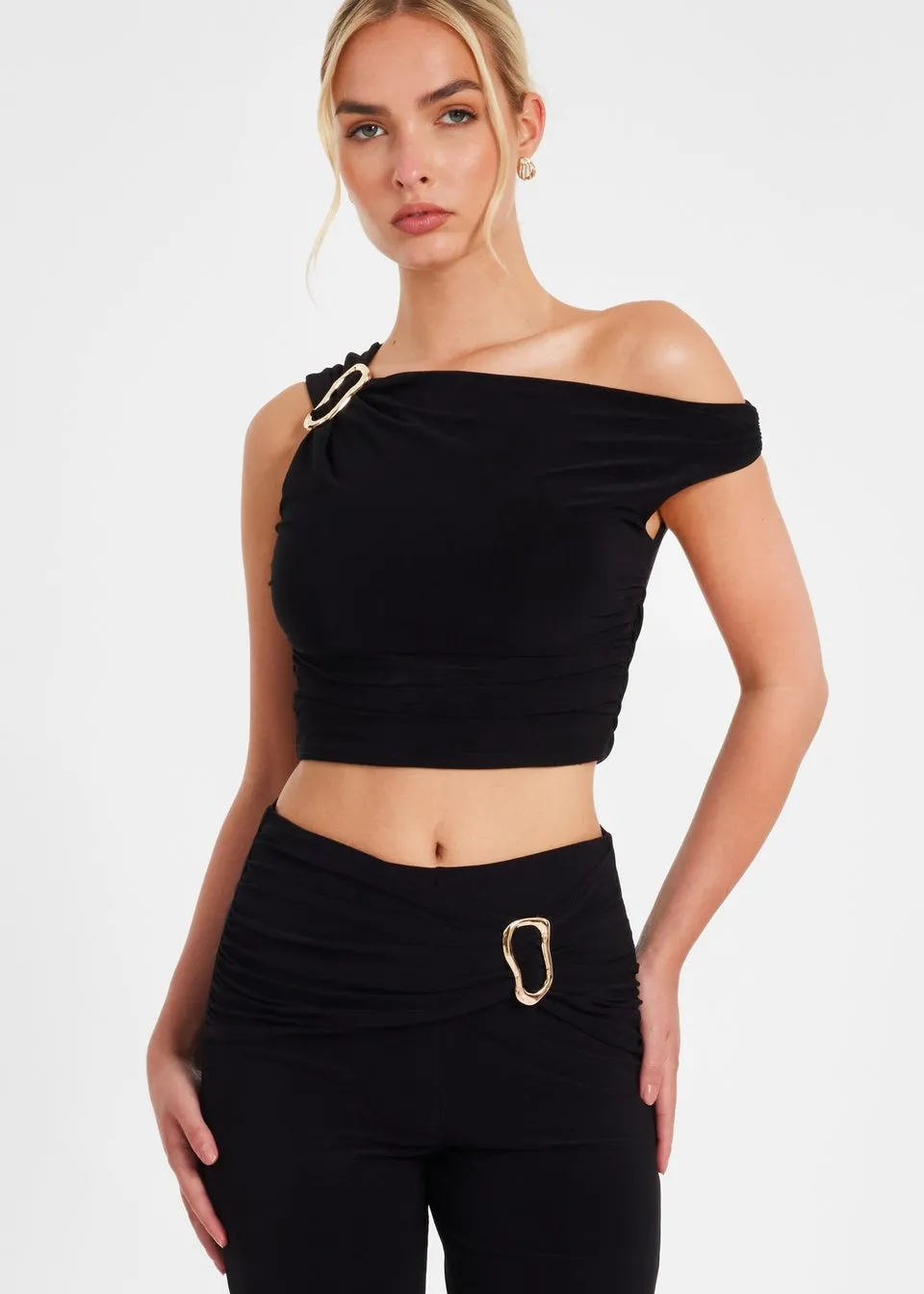 Quiz Black Buckle Drop Shoulder Top