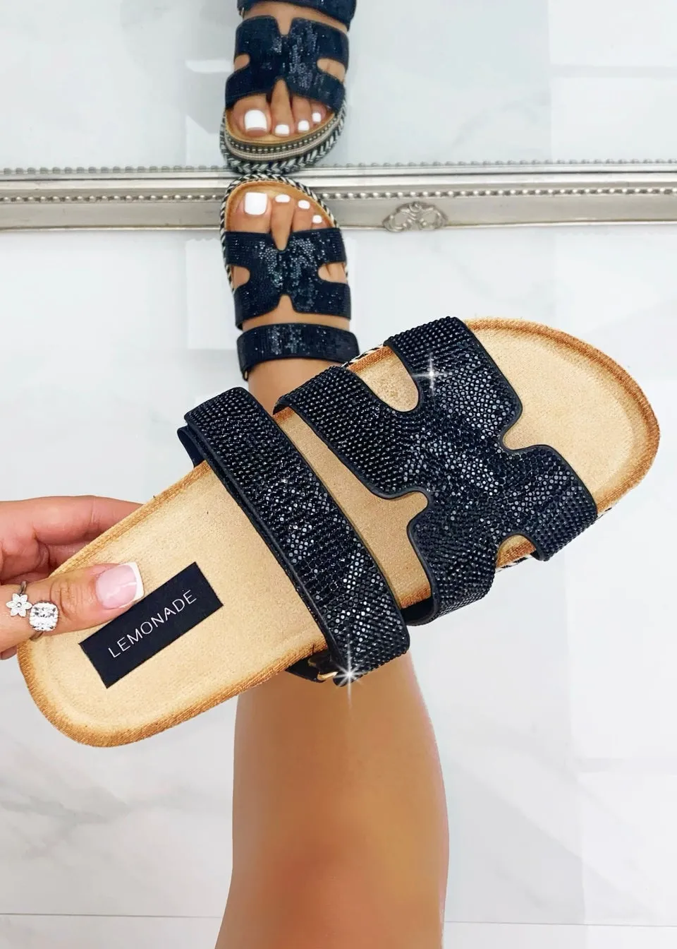 Love Lemonade Black Crystal Luxe Double Strap Sliders