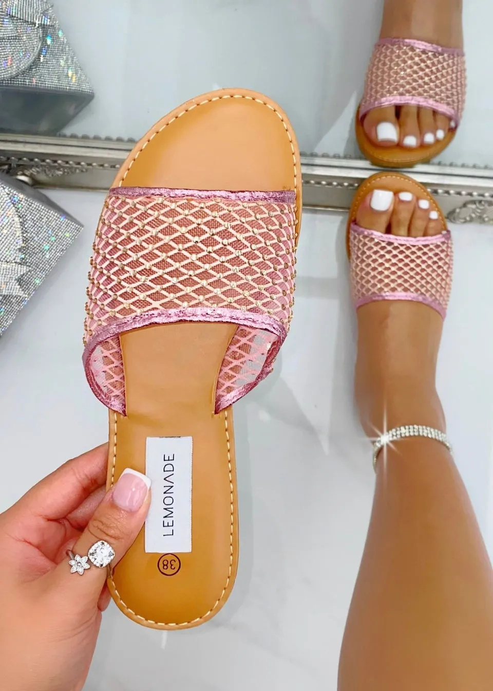 Love Lemonade Pink Crystal Gem Mesh Sliders