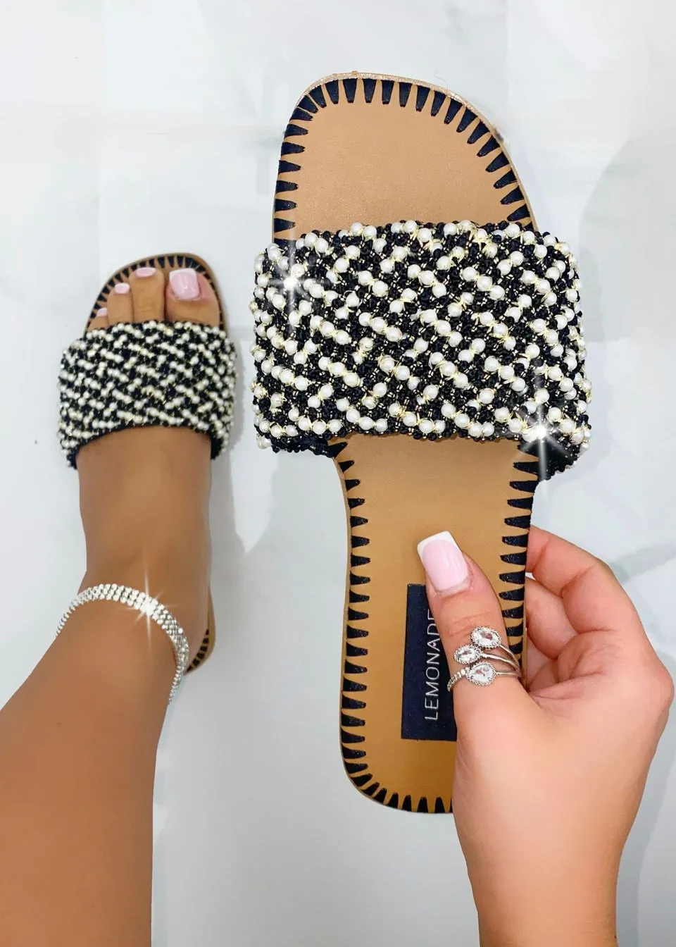 Love Lemonade Black Sparkly Deluxe Dainty Pearl Sliders