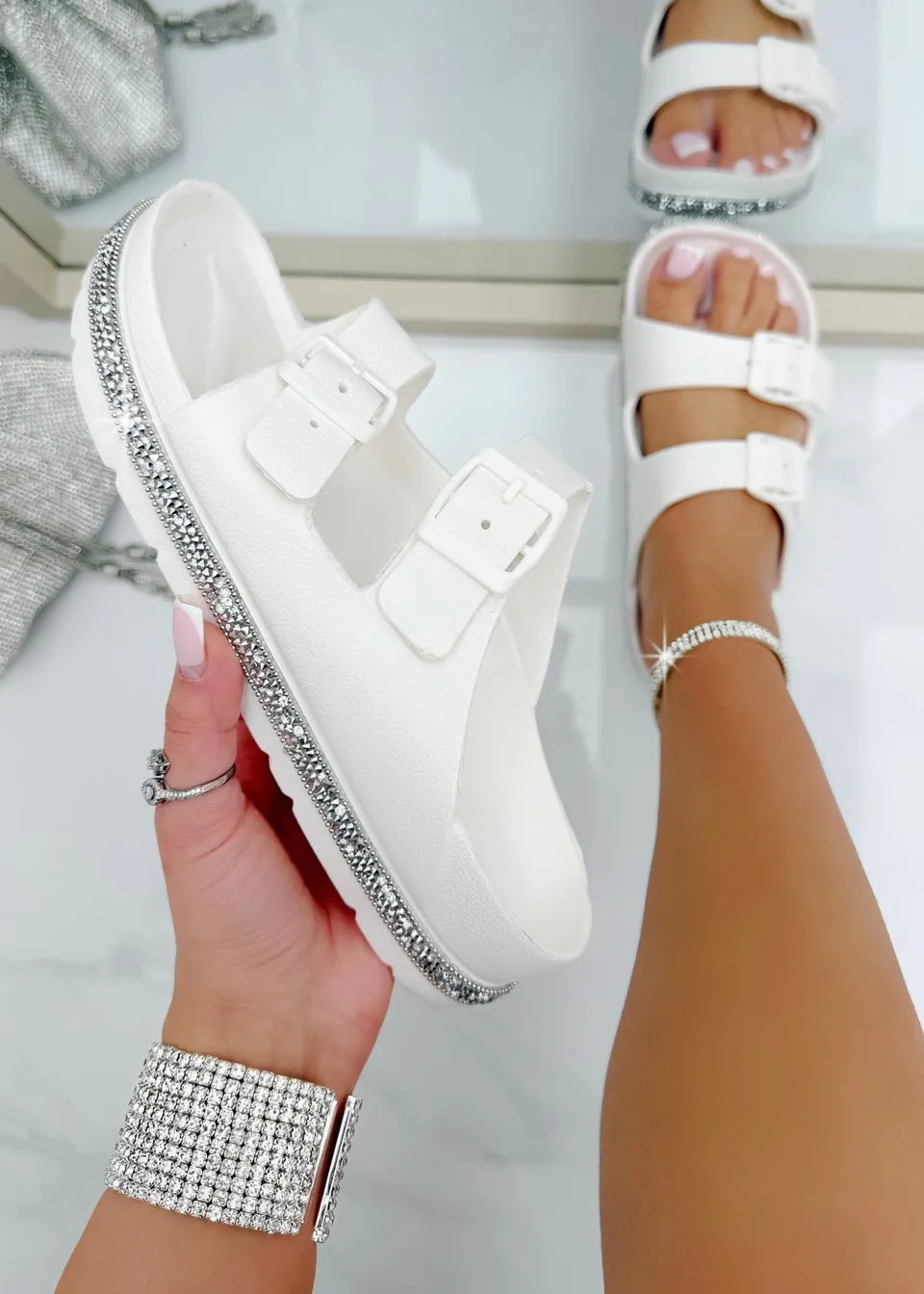 Love Lemonade White Crystal Trim Lightweight Double Strap Sliders