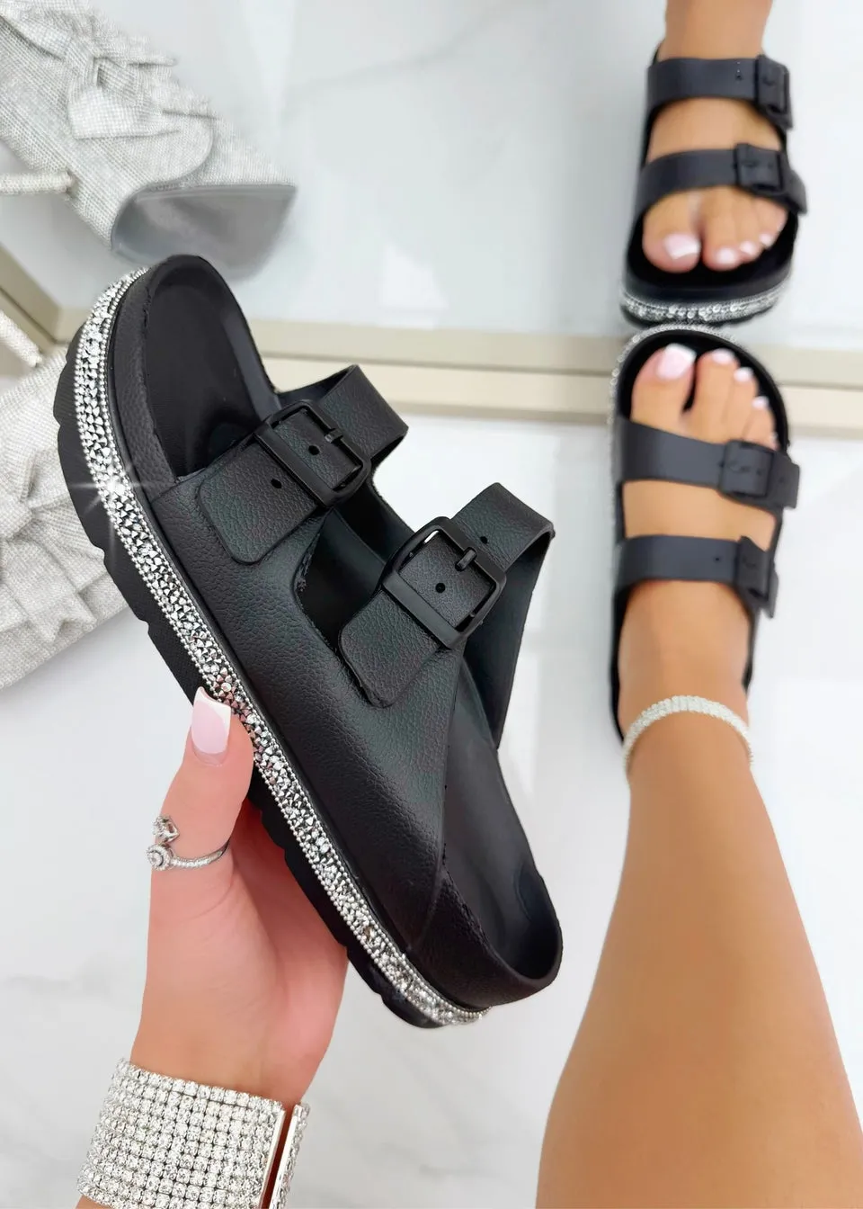 Love Lemonade Black Crystal Trim Lightweight Double Strap Sliders