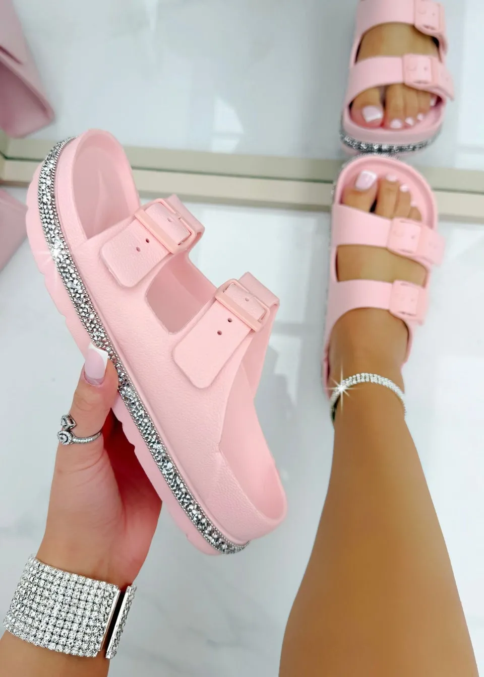 Love Lemonade Pink Crystal Trim Lightweight Double Strap Sliders
