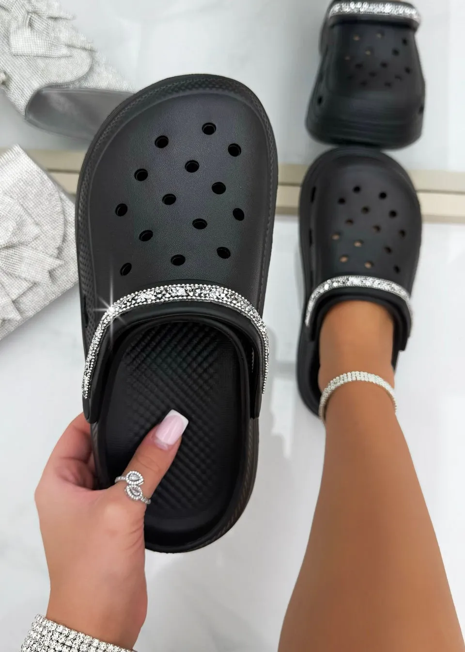 Love Lemonade Black Crystal Strap Platform Crox Clogs