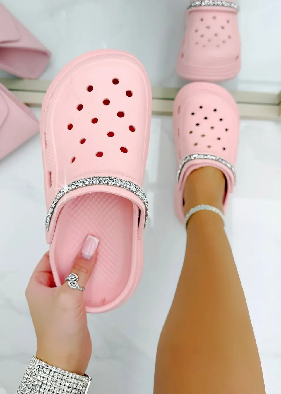 Love Lemonade Pink Crystal Strap Platform Crox Clogs