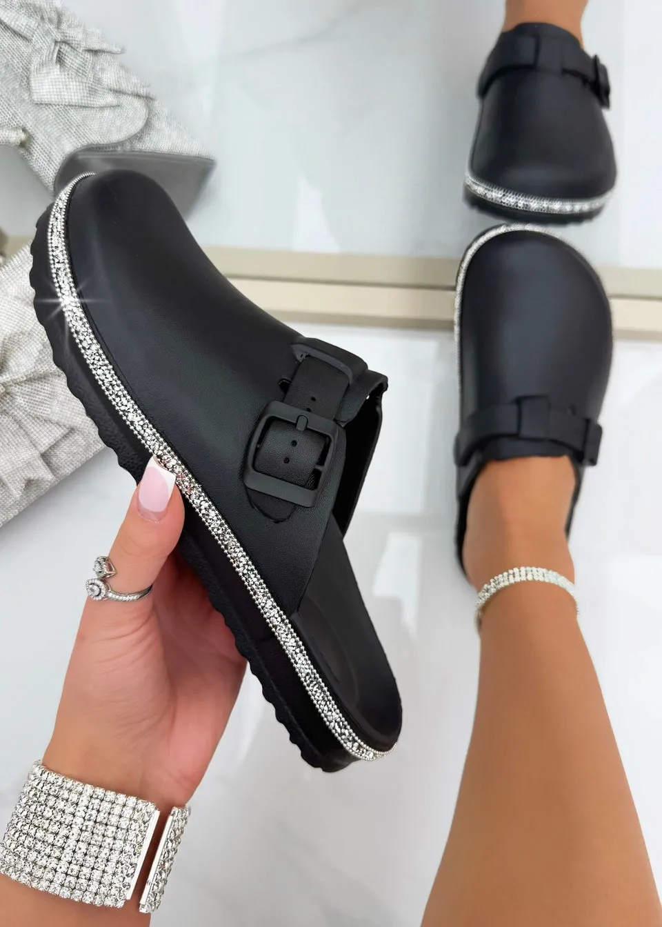 Love Lemonade Black Crystal Trim Luxe Lightweight Clogs