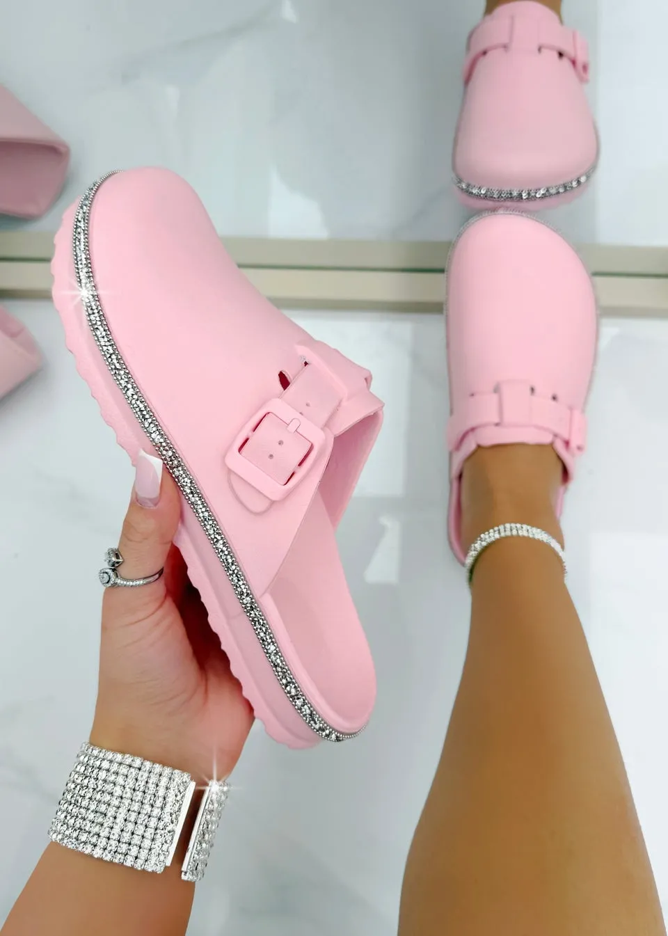 Love Lemonade Pink Crystal Trim Luxe Lightweight Clogs
