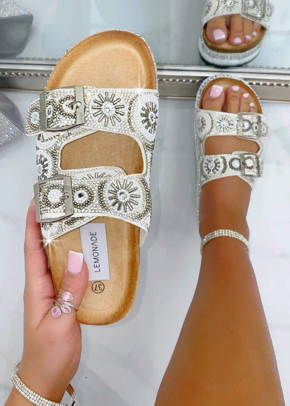 Love Lemonade Silver Crystal Radiant Double Strap Sliders