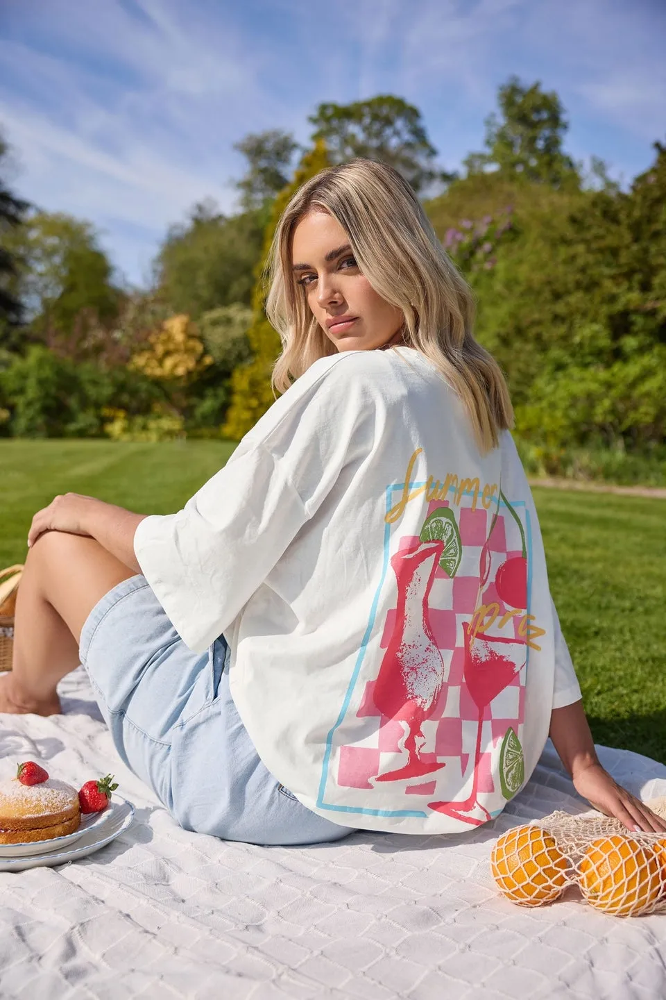 Yours Curve White & Pink 'Summer Spritz' Graphic Back Print T-Shirt