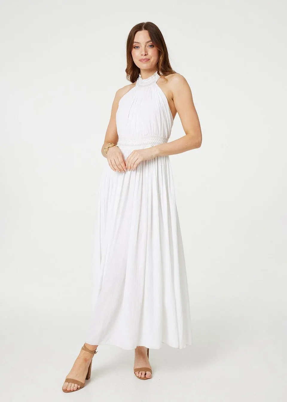 Izabel London White Embroidered Trim Halter Neck Maxi Dress