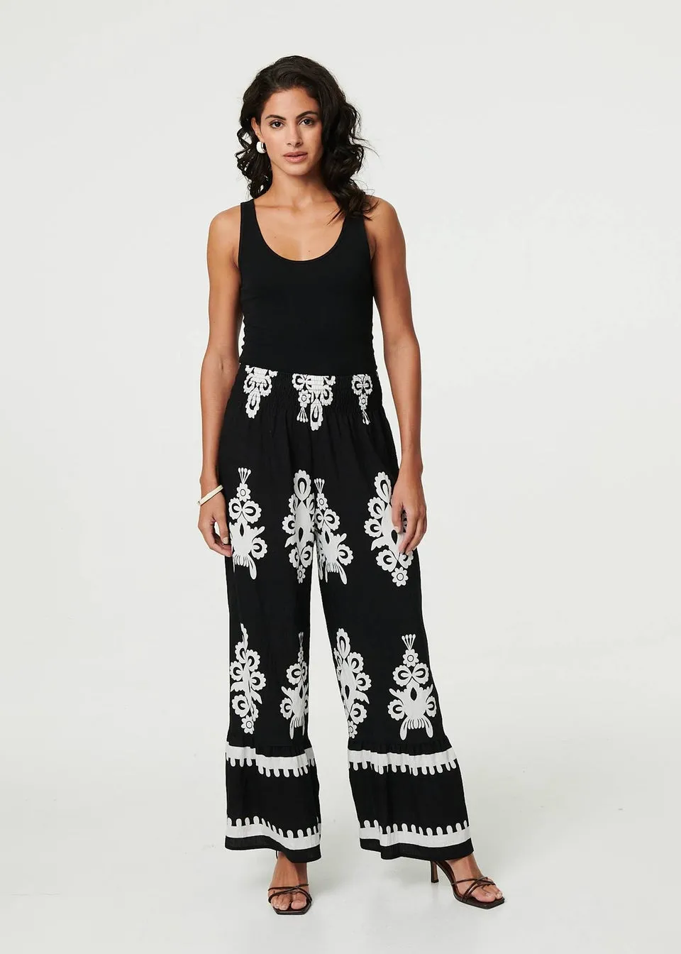 Izabel London Black Ikat Print High Waist Wide Leg Trousers