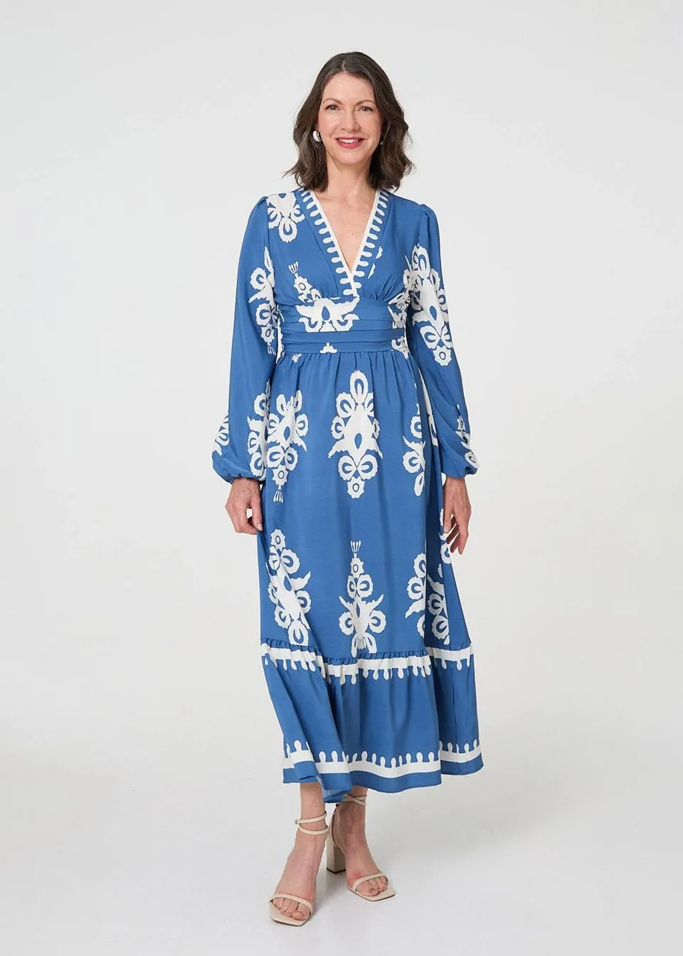 Izabel London Blue Ikat Print Empire Kimono Maxi Dress
