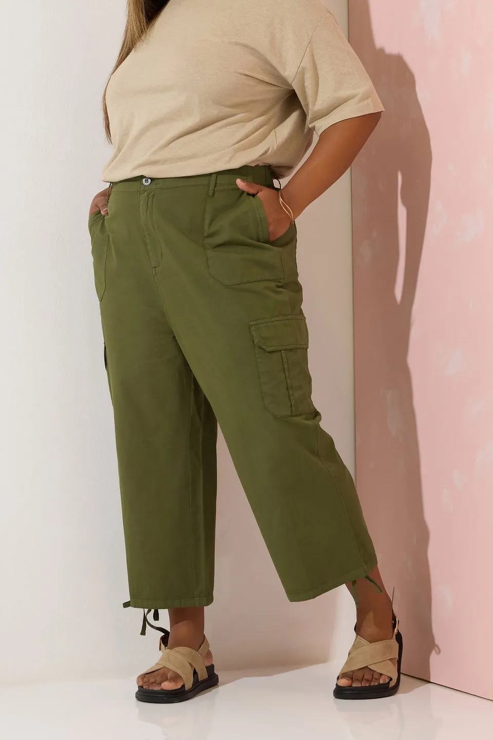 Yours Curve Khaki Green Cotton Cropped Cargo Trousers