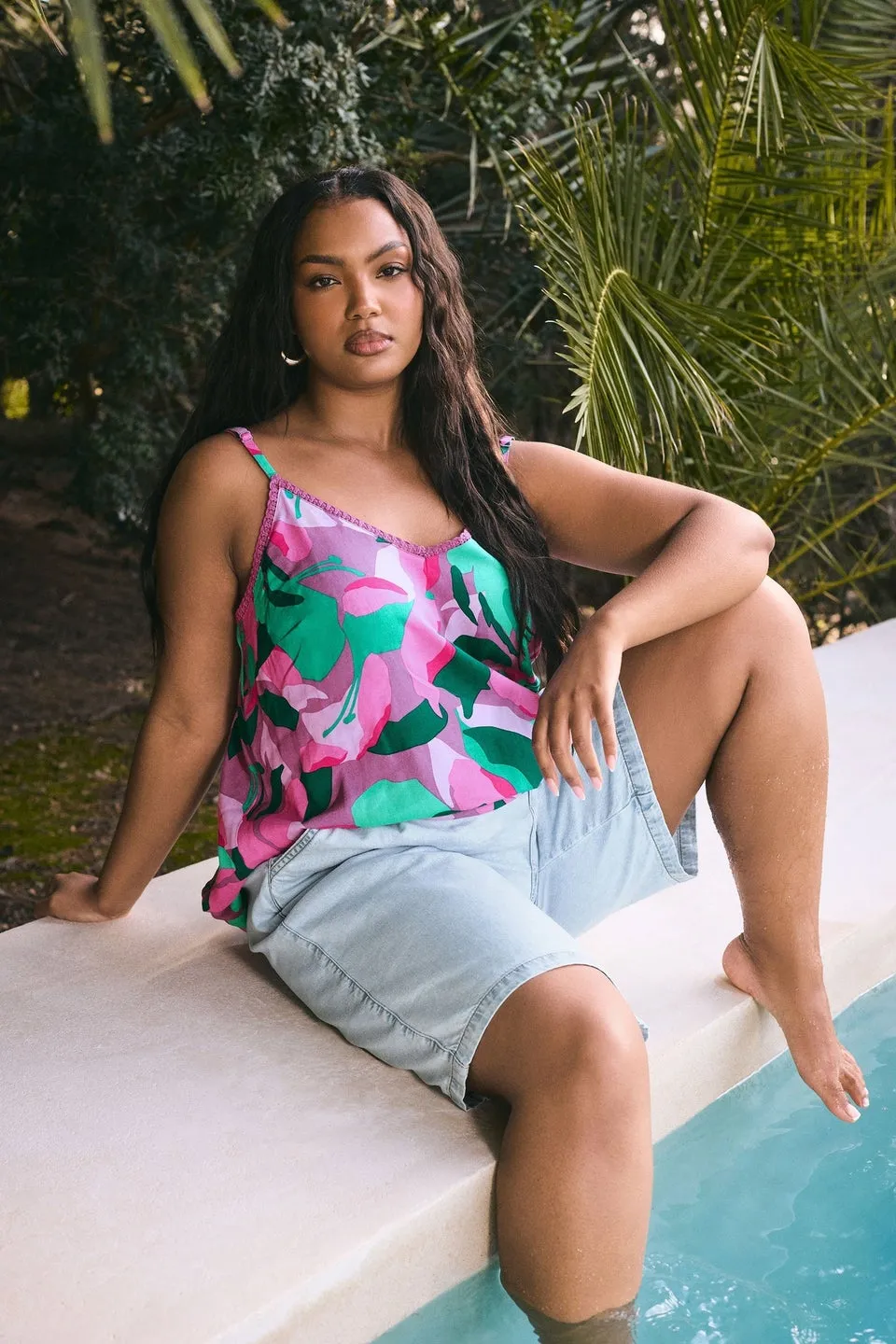 Yours Curve Pink Abstract Print Lace Trim Cami Top