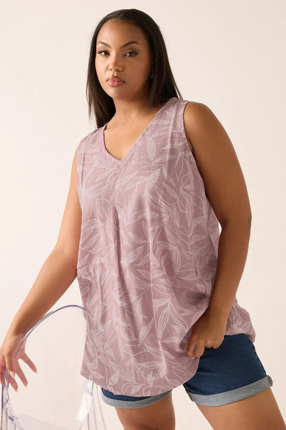 Yours Curve Pink Palm Leaf Pleat Front Vest Top