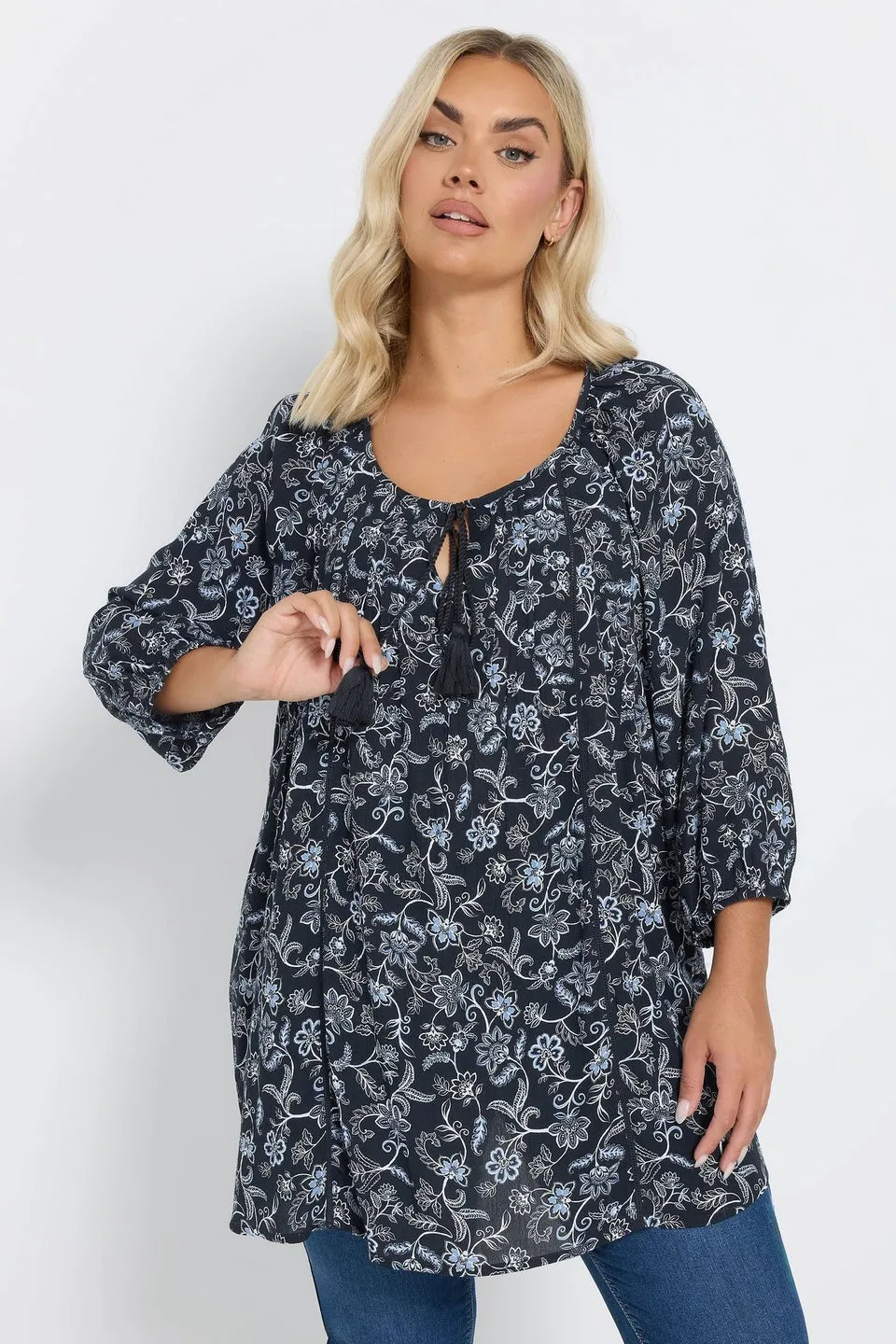 Yours Curve Navy Blue Tie Front Top